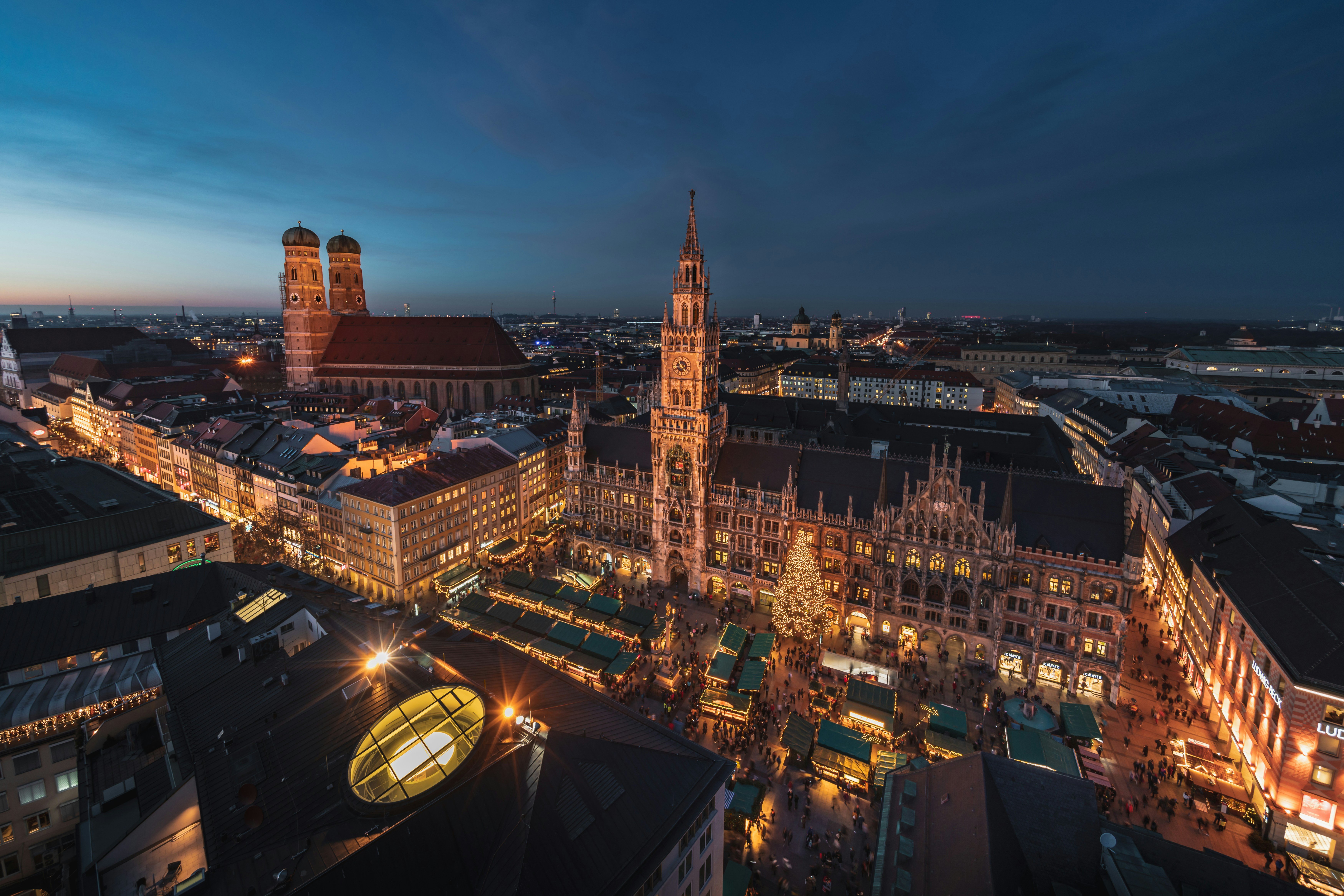 An aerial view of the night time Munich skyline