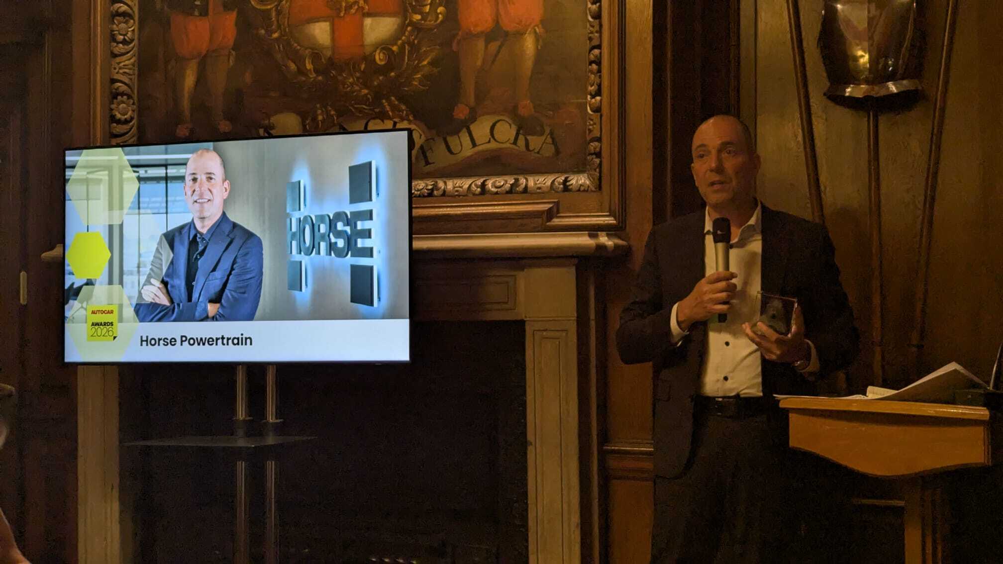 Horse Powertrain CEO Matias Giannini accepting the Autocar Sturmey Award in person