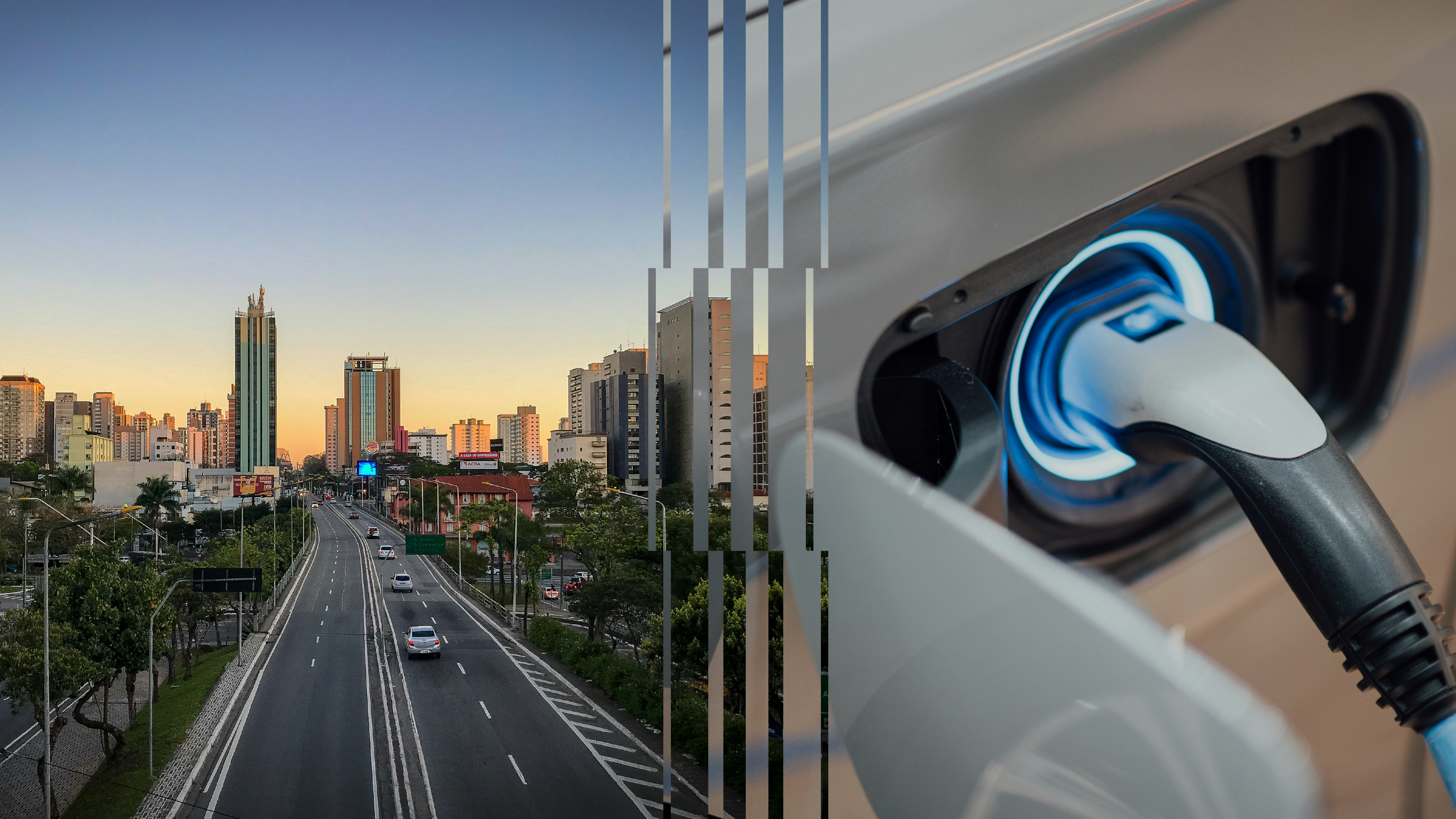 A split-screen image of a Brazilian city skyline on the left and an electric car charger on the right